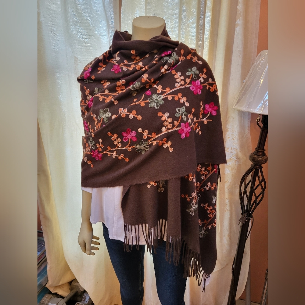Floral Embroidered Fringed Brown Shawl